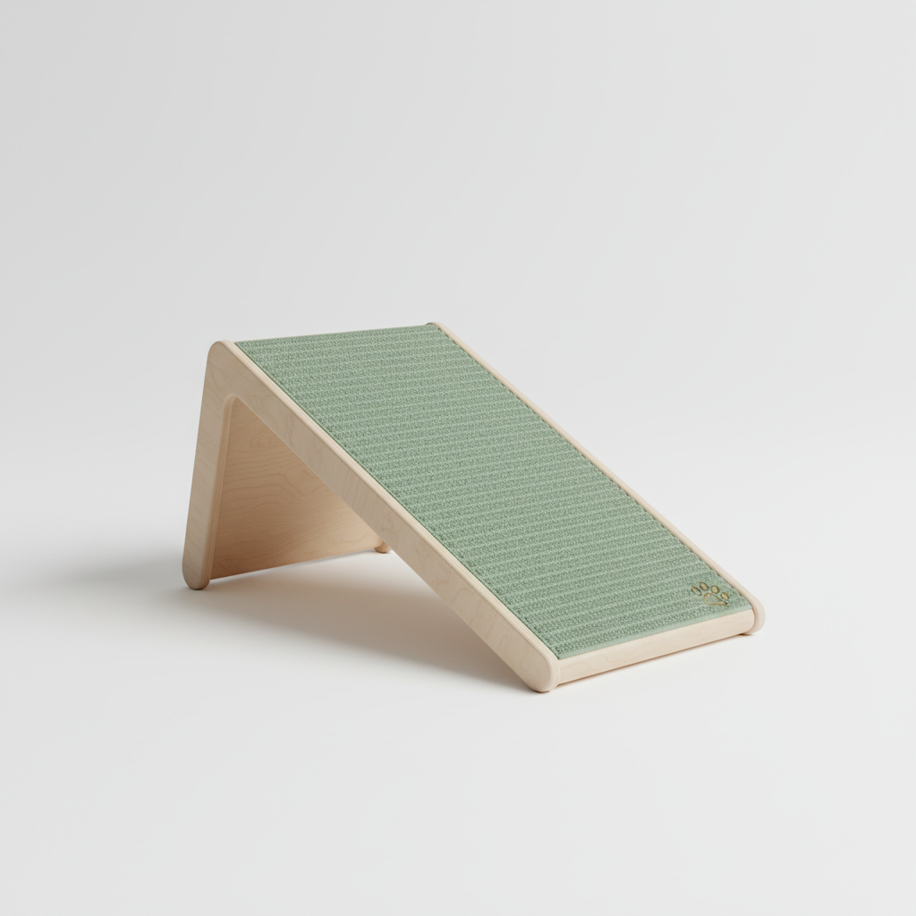 Sage green carpeted cat ramp with gentle incline for anxious cats
