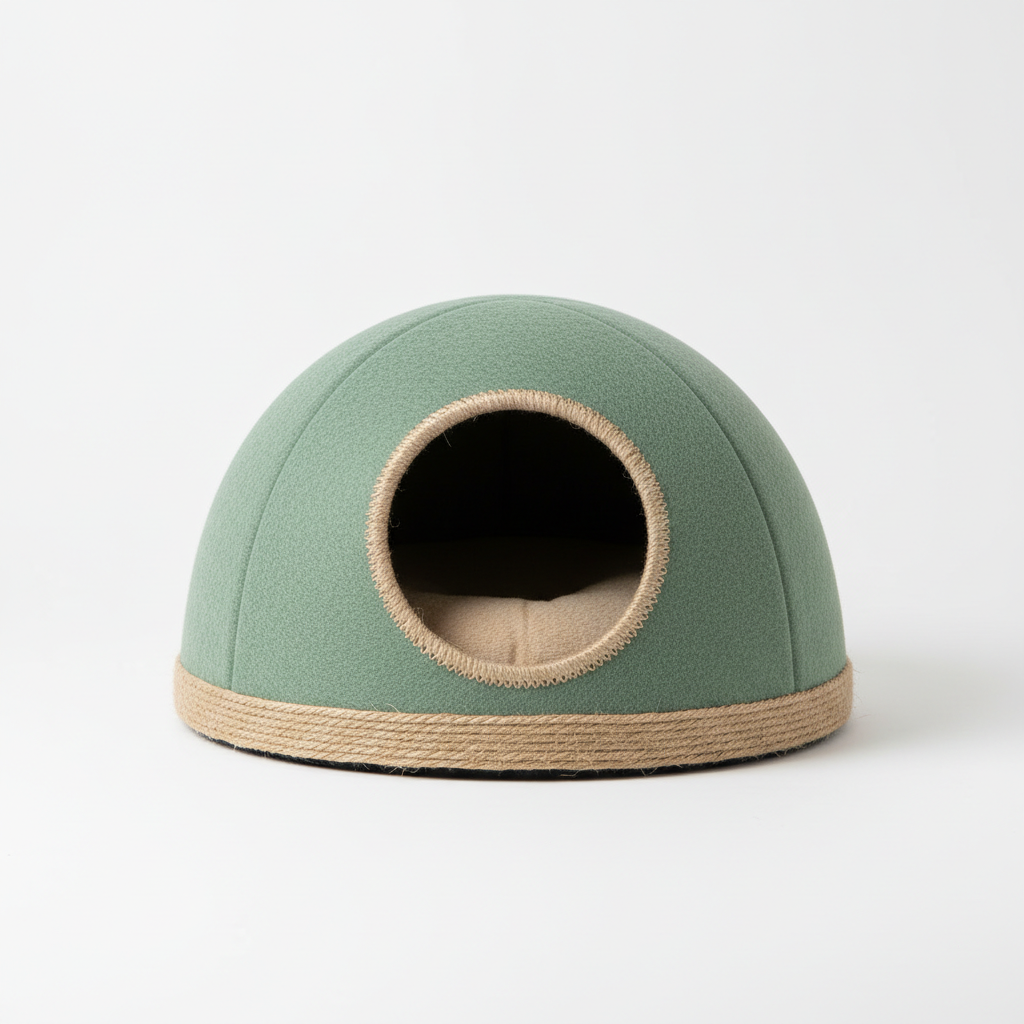 Sage green felt cat cave with round entrance for anxious cats