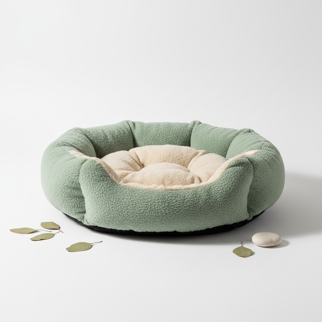 Sage green and beige calming donut cat bed with plush raised edges