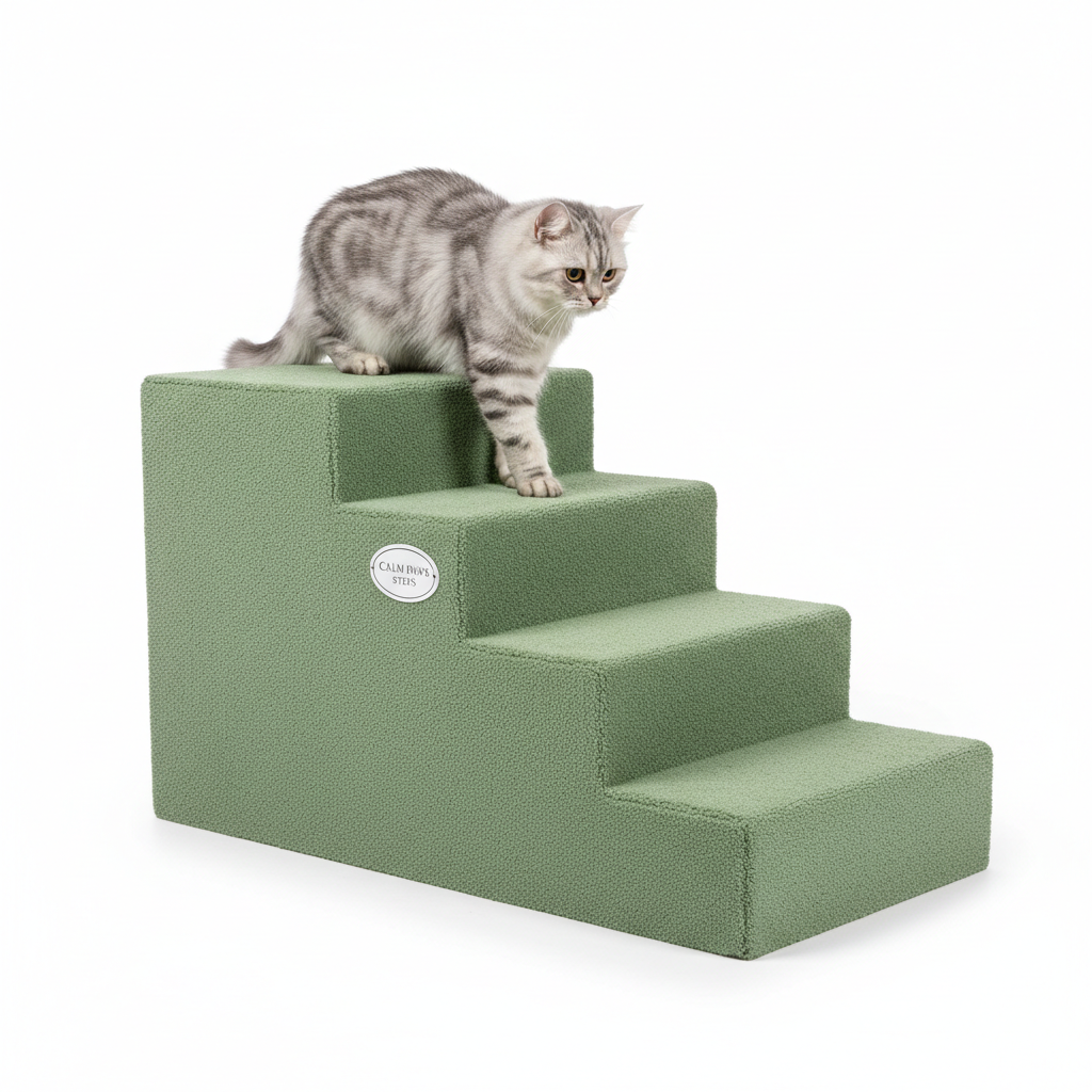 Sage green carpeted pet steps for safe access for anxious cats