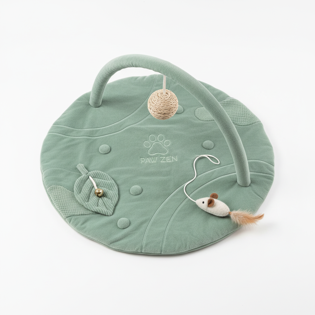 Sage green interactive play mat with attached toys for cat anxiety relief