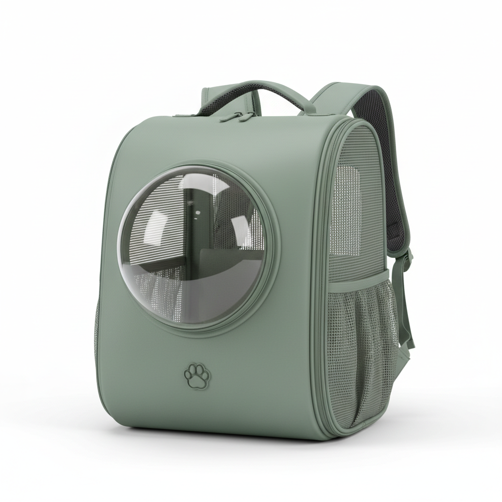 Sage green backpack carrier with bubble window for cat adventures