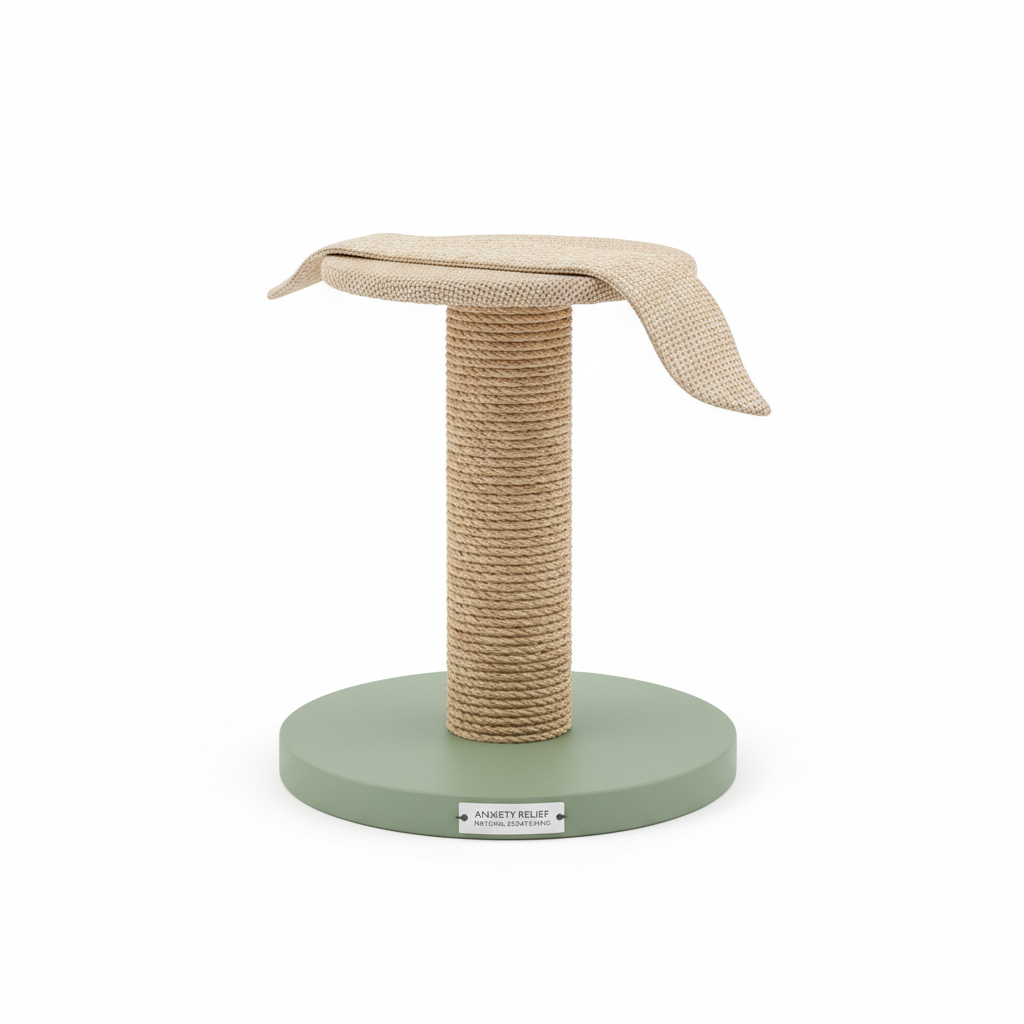 Natural sisal scratching post with sage green base for cat anxiety relief