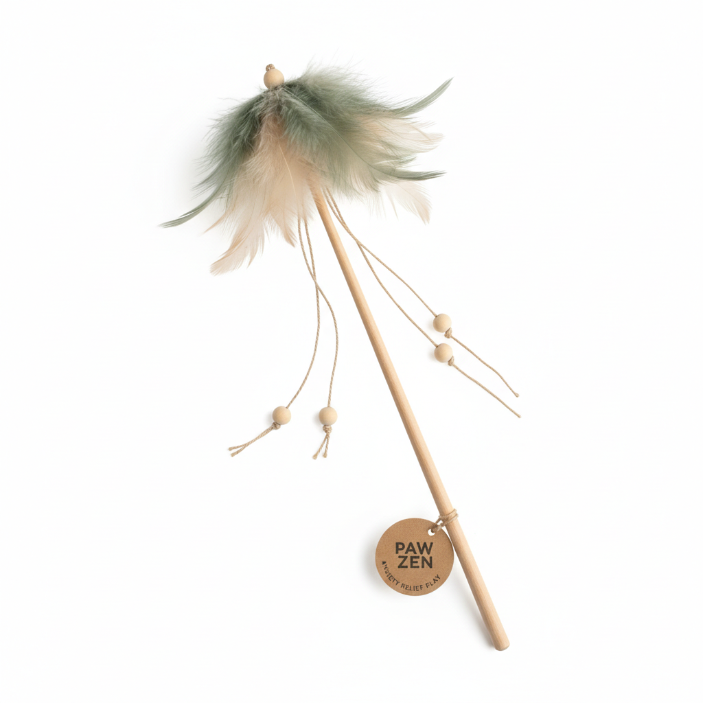 Sage green and beige feather wand toy for cat play therapy and anxiety relief