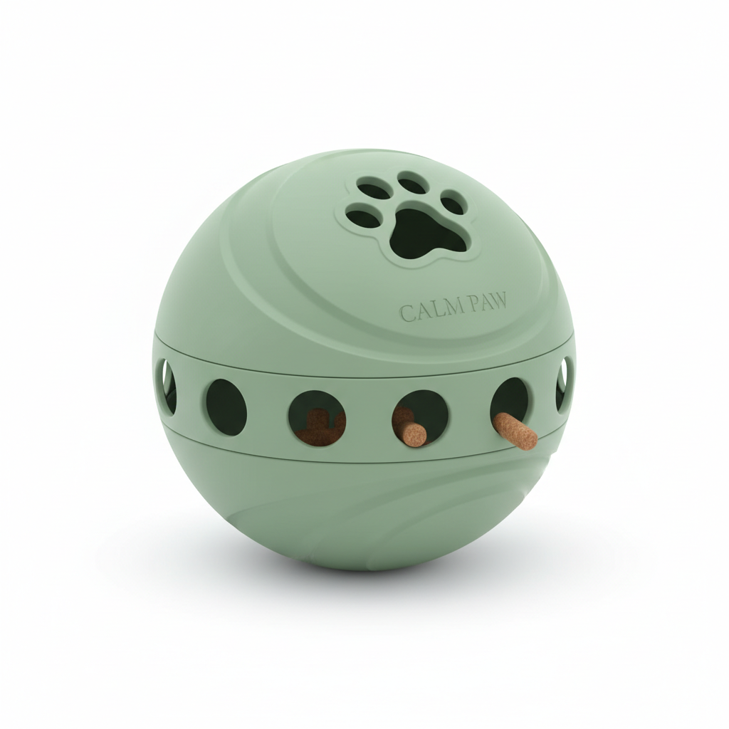 Sage green treat dispenser ball for cat mental stimulation and anxiety relief
