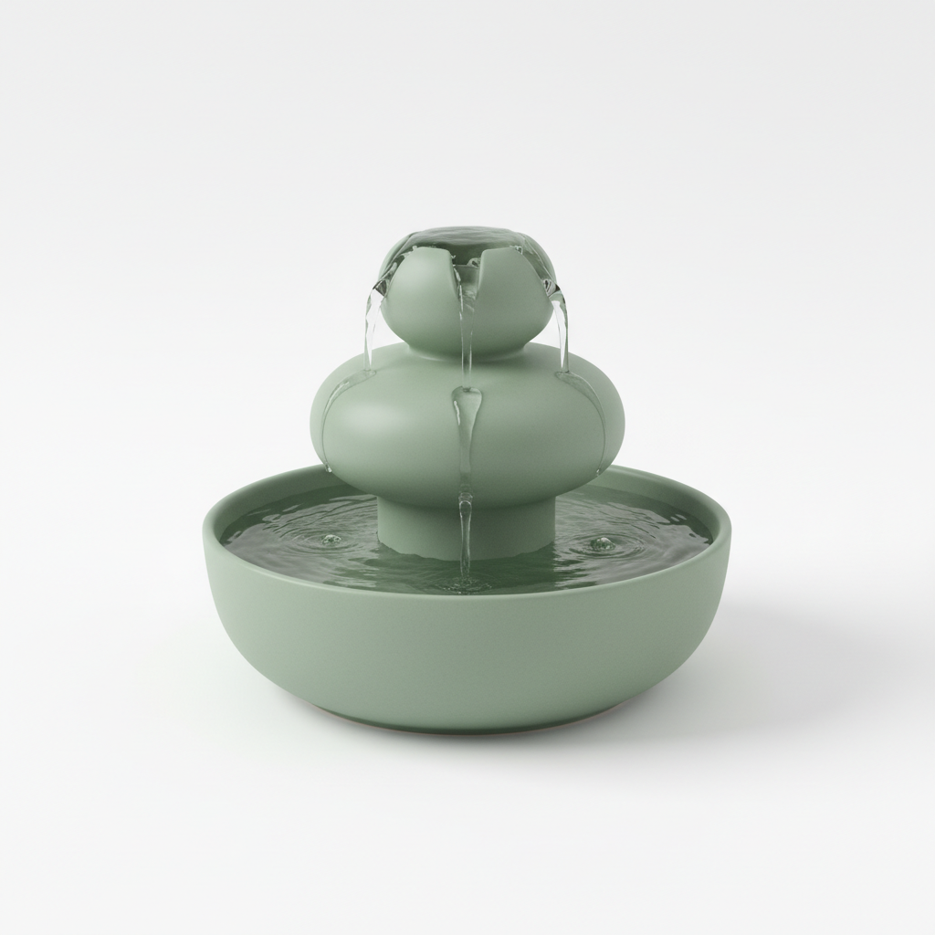 Sage green ceramic cat water fountain for calming and hydration