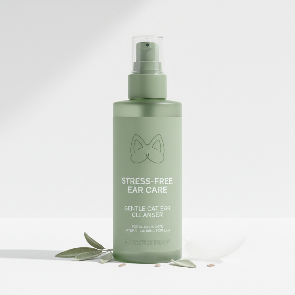 Gentle chamomile ear cleaner in sage green bottle for anxious cats