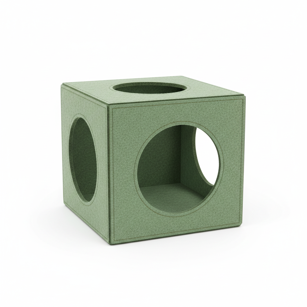 Sage green felt hideaway box with multiple entries for anxious cats