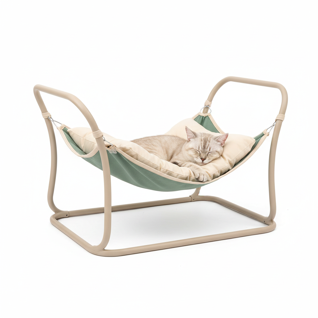 Sage green and beige elevated cat hammock for anxiety relief