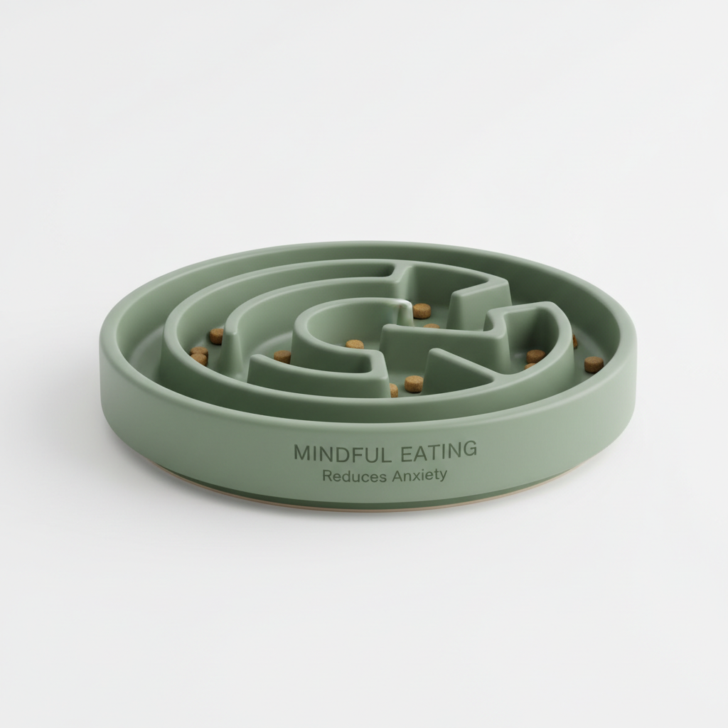 Sage green ceramic slow feeder bowl with maze pattern for calm eating