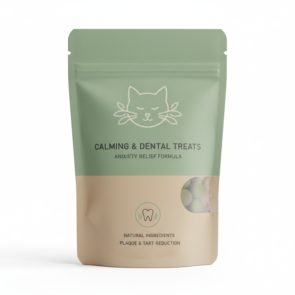 Calming dental treats in sage green packaging for cat anxiety and oral health
