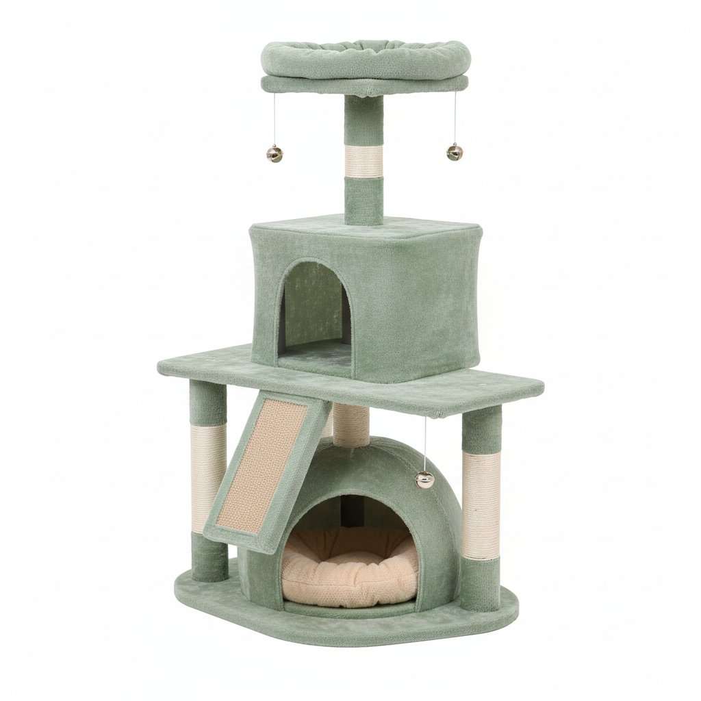 Sage green and beige multi-level cat tree with hideaway for anxiety relief