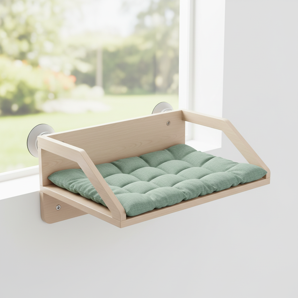 Sage green cat window perch with plush cushion for anxiety relief