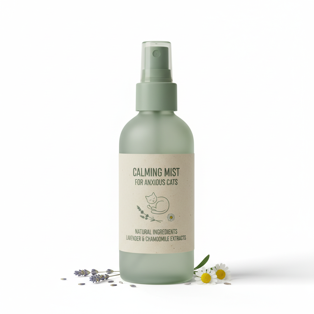 Natural calming spray bottle with lavender and chamomile for anxious cats