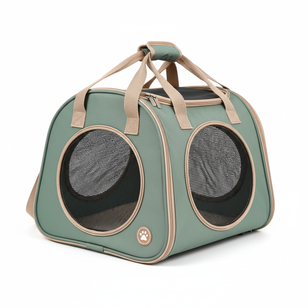 Sage green soft-sided cat carrier with mesh windows for anxiety-free travel
