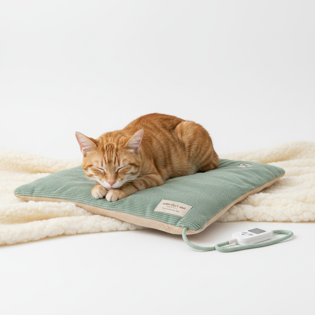 Sage green cat heating pad with fleece cover for anxiety relief