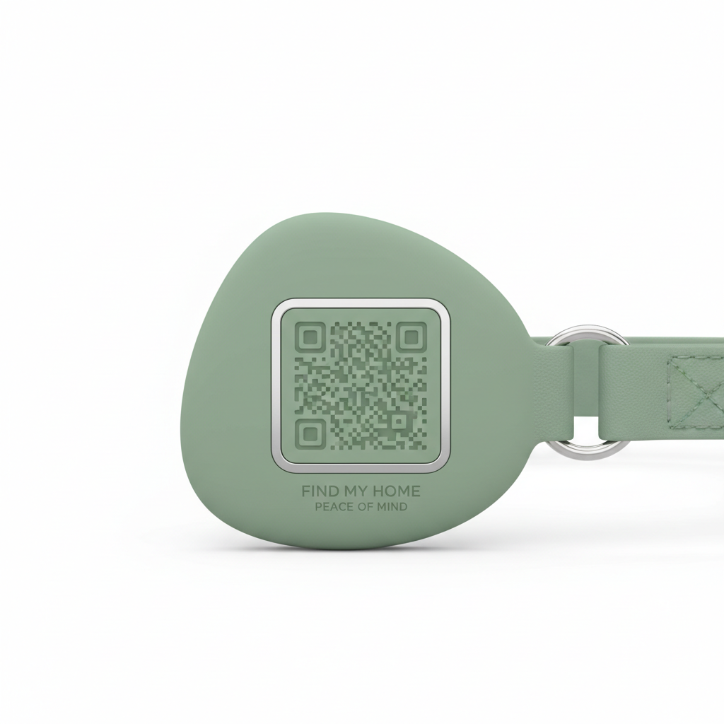 Sage green smart ID tag with QR code for cat recovery