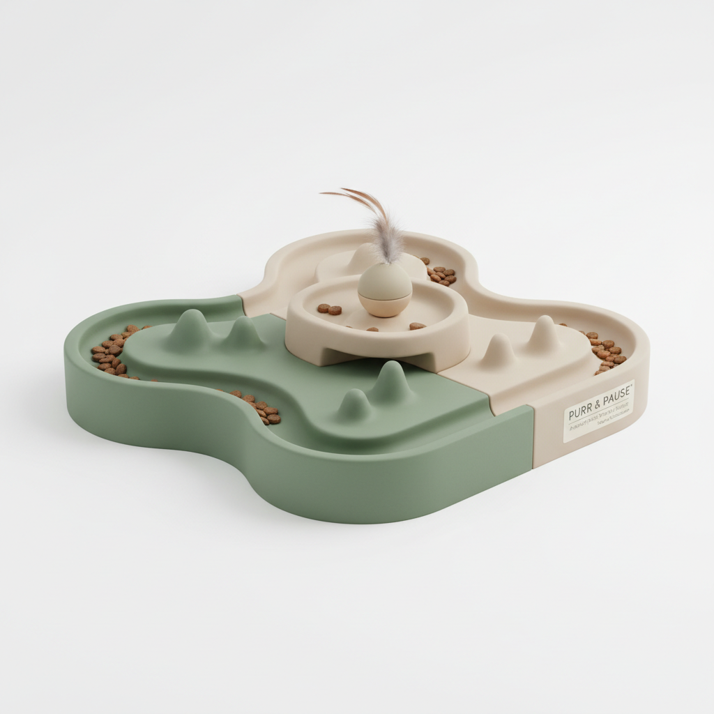 Sage green and beige cat puzzle feeder for mental stimulation and anxiety relief