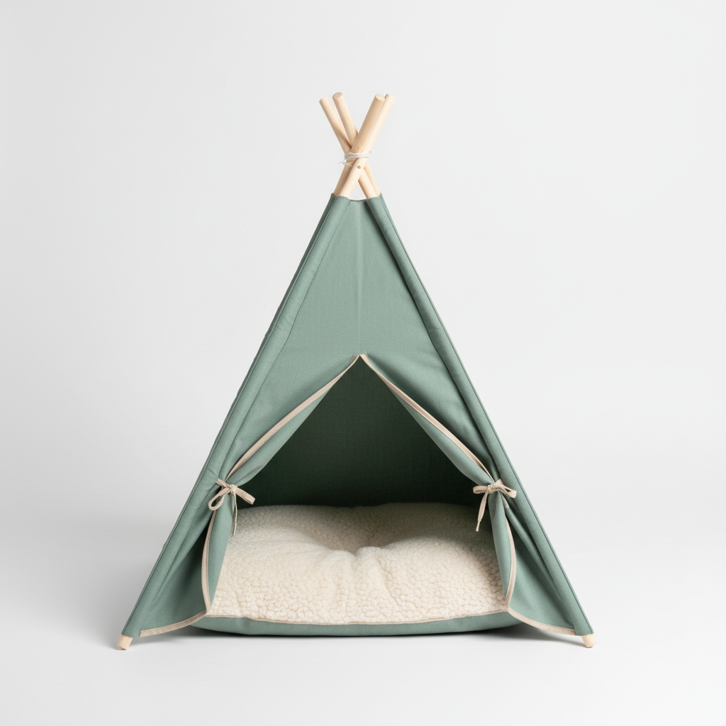 Sage green canvas cat tent teepee hideaway for anxious cats