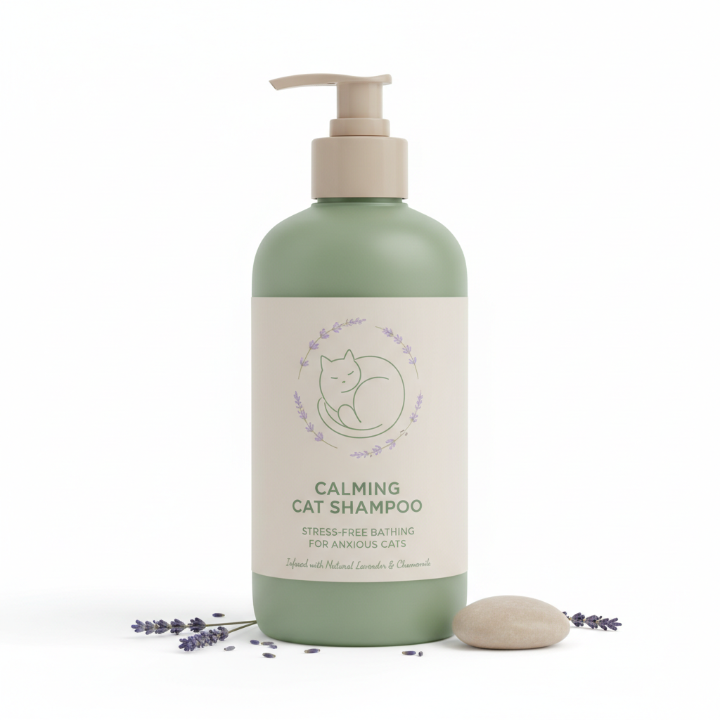 Calming lavender cat shampoo in sage green and beige bottle