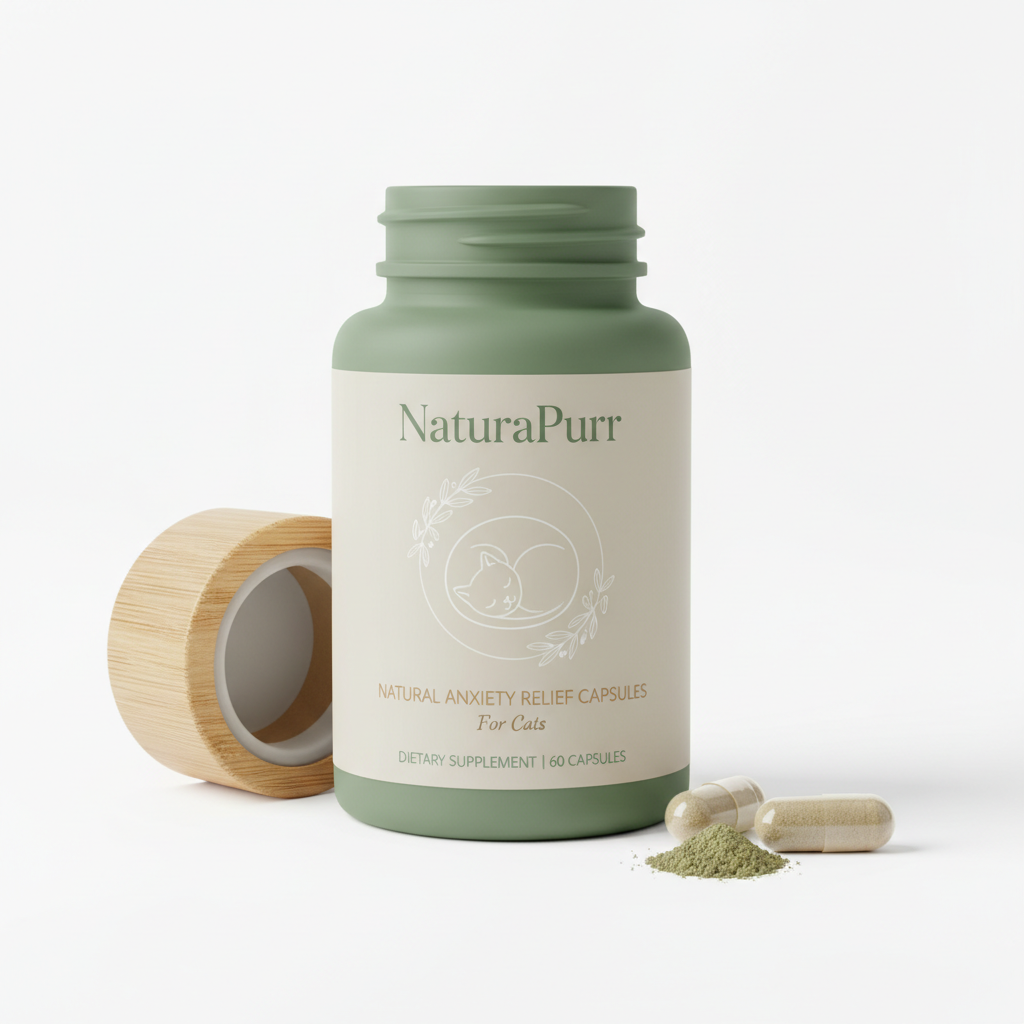 Natural calming supplement bottle for anxious cats with vet-formulated ingredients