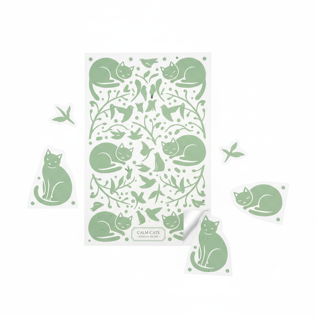 Sage green nature-pattern window clings for cat visual enrichment