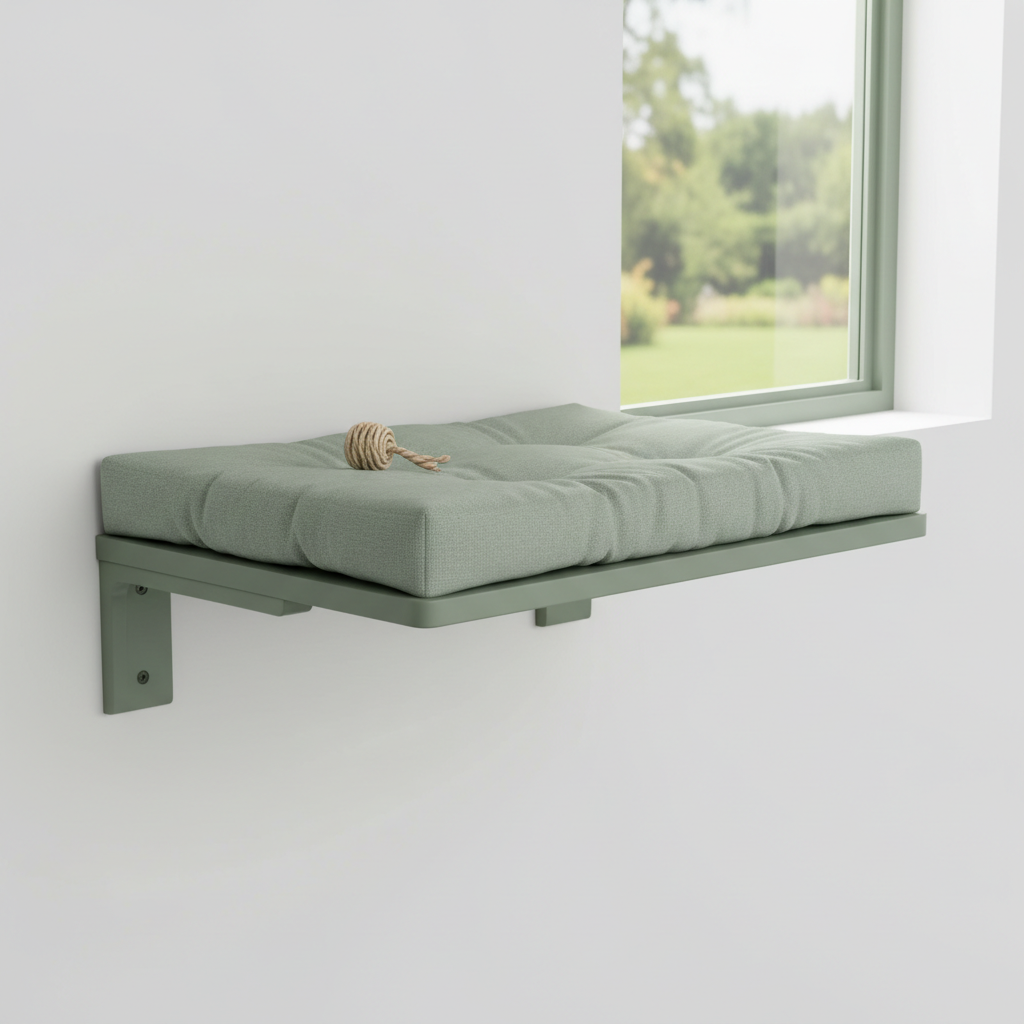 Sage green wall-mounted window shelf with cushion for cat viewing