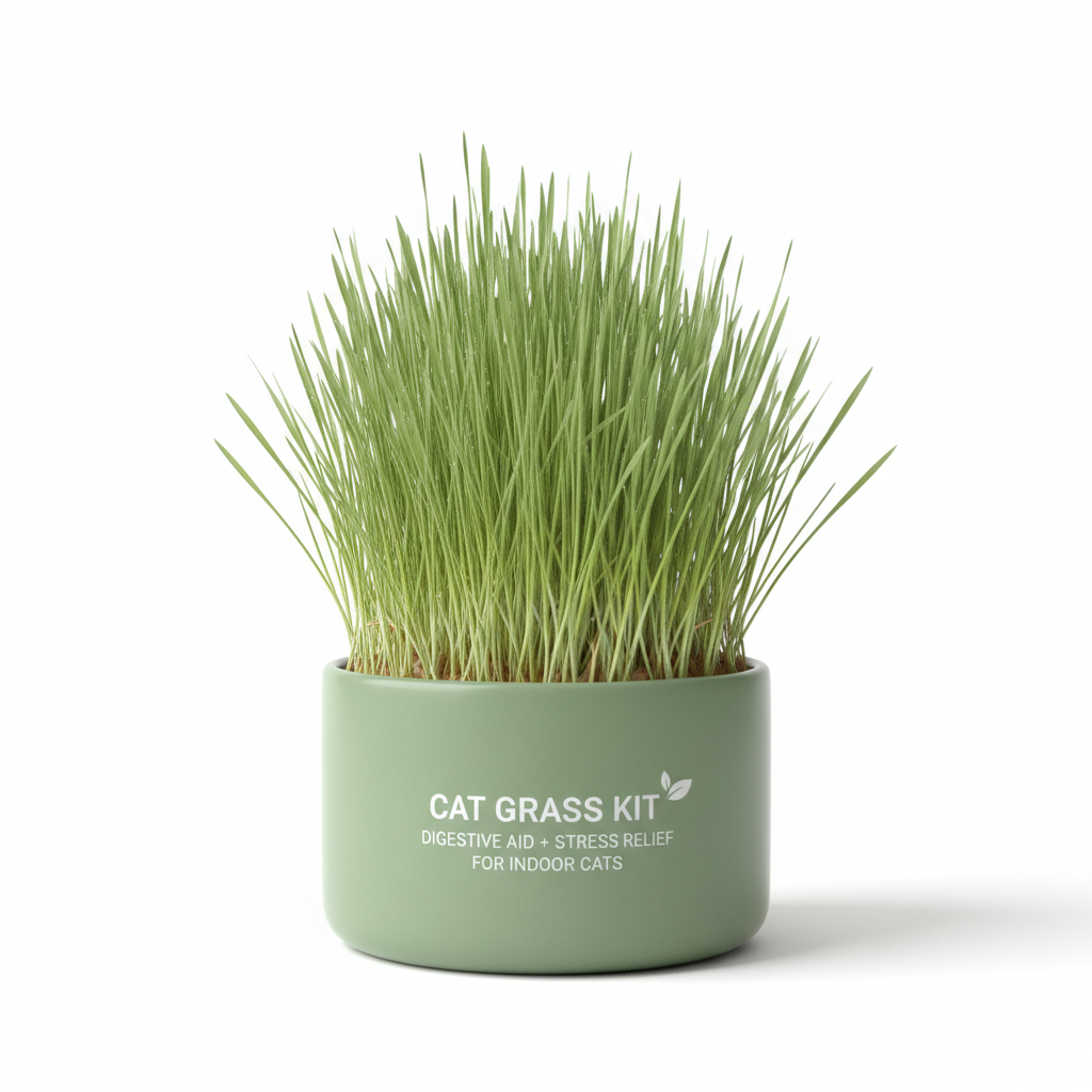 Sage green planter with fresh cat grass for digestive and stress relief